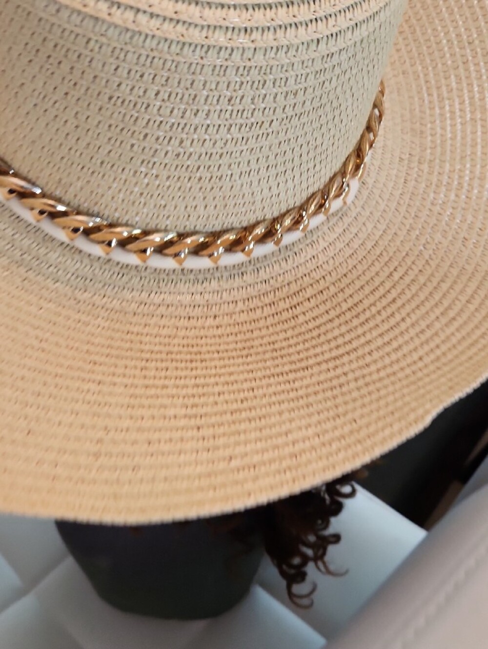 Straw Sun Hat with Gold Chain Link Band. Beige - Picture 4 of 9